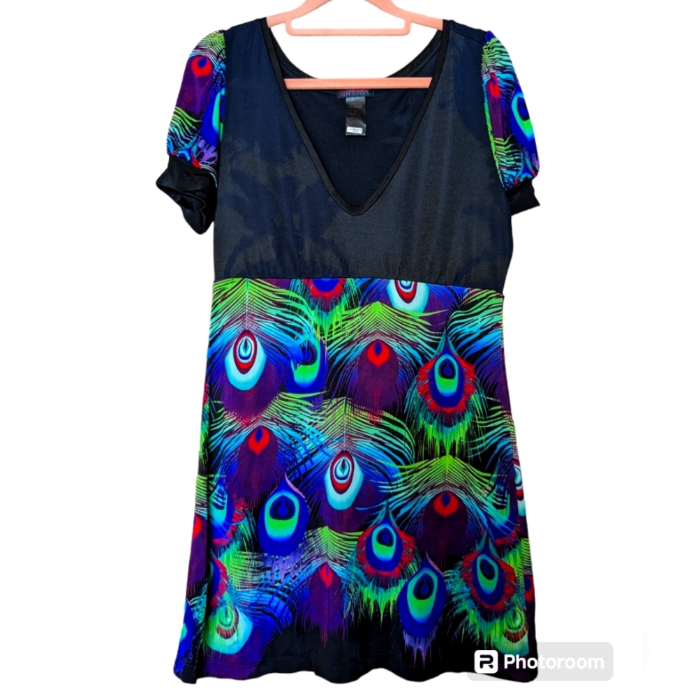 Custo Barcelona Peacock Tunic Short Sleeve Vibrant Dress Detailed sz 4